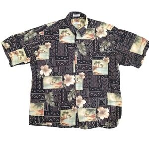 Pierre Cardin XL Tropical Patchwork Hawaiian Shirt Cotton Floral Tribal Print